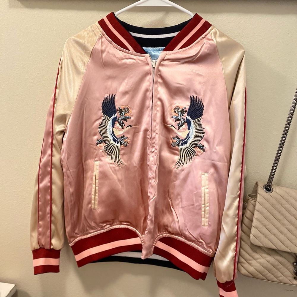 Womens silk bomber/bowling jacket. New, never worn. Reversible.